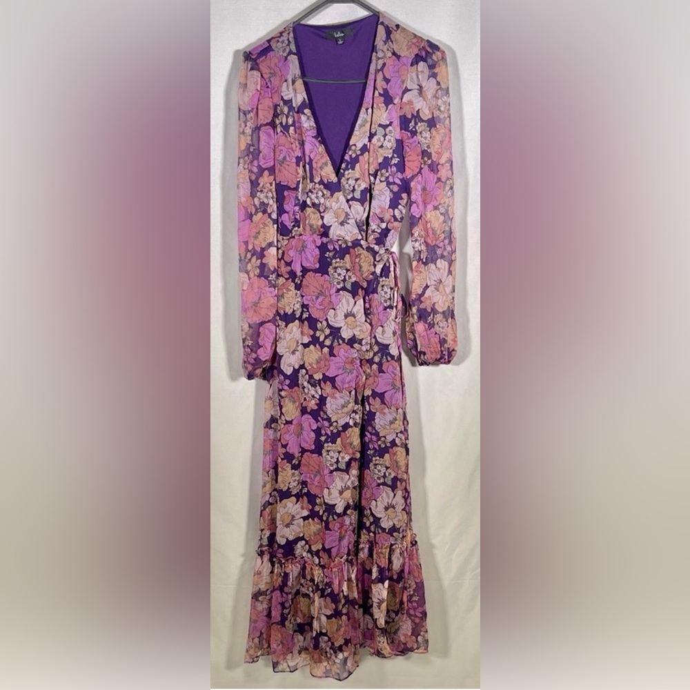 Lulus NWT “Feeling Sweet” Purple Floral Print Long Sleeve Wrap Maxi Dress. Large - Picture 10 of 15